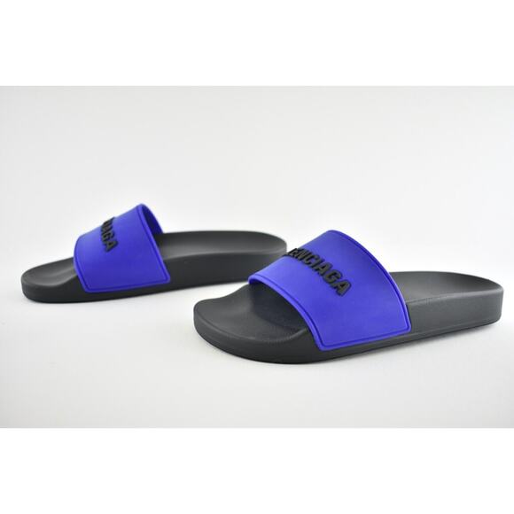 Balenciaga Black Blue Bicolor Rubber Logo Slide On Pool Sandal Flip Flop Flat 39 - Picture 10 of 12
